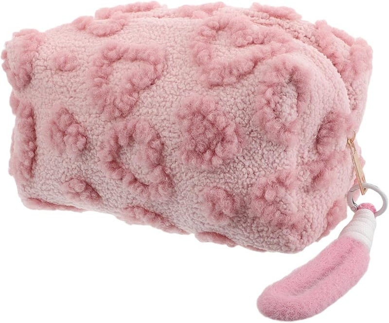 Large Capacity Pink Plush Heart Makeup Bag Travel Cosmetic Pouch Soft Toiletry Organizer - Image 1